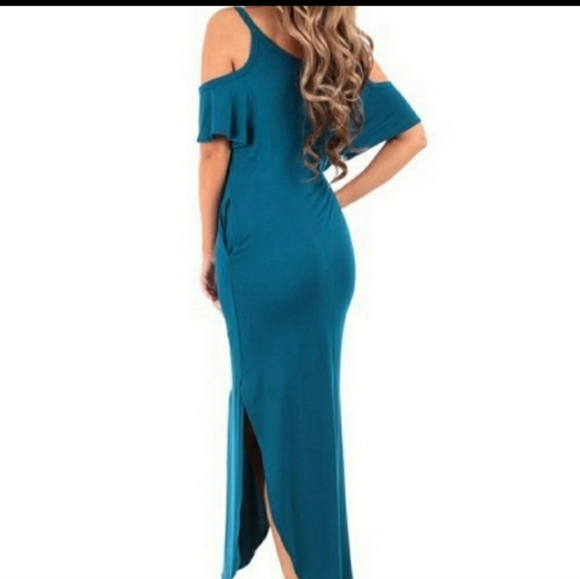 New Teal Maternity Cold-Shoulder Dress pockets LG bodycon stretchy - Picture 2 of 3